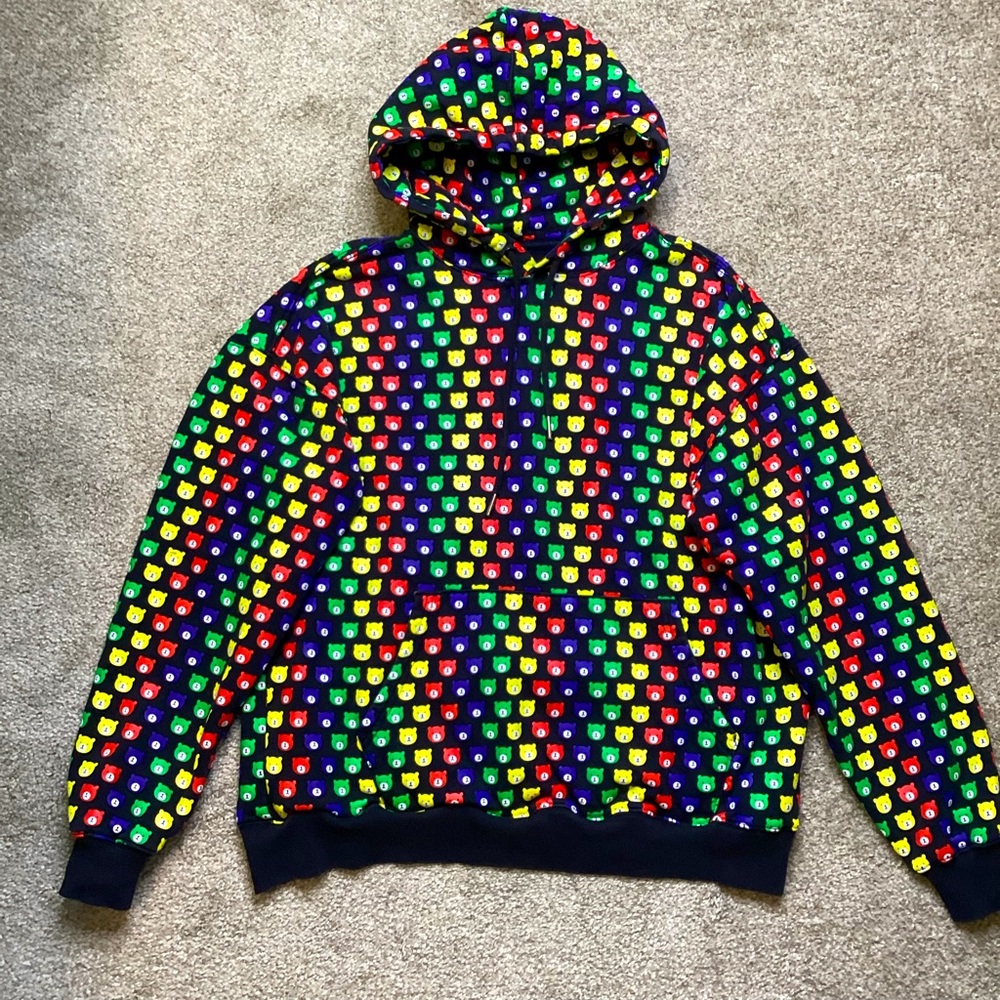 Teddy Fresh All Over Rainbow Bear Pattern and Black Hoodie Top Sweatshirt Small